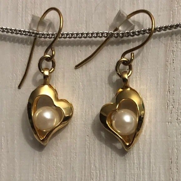 Heart Dangle Earrings with Center Pearl - Picture 2 of 5